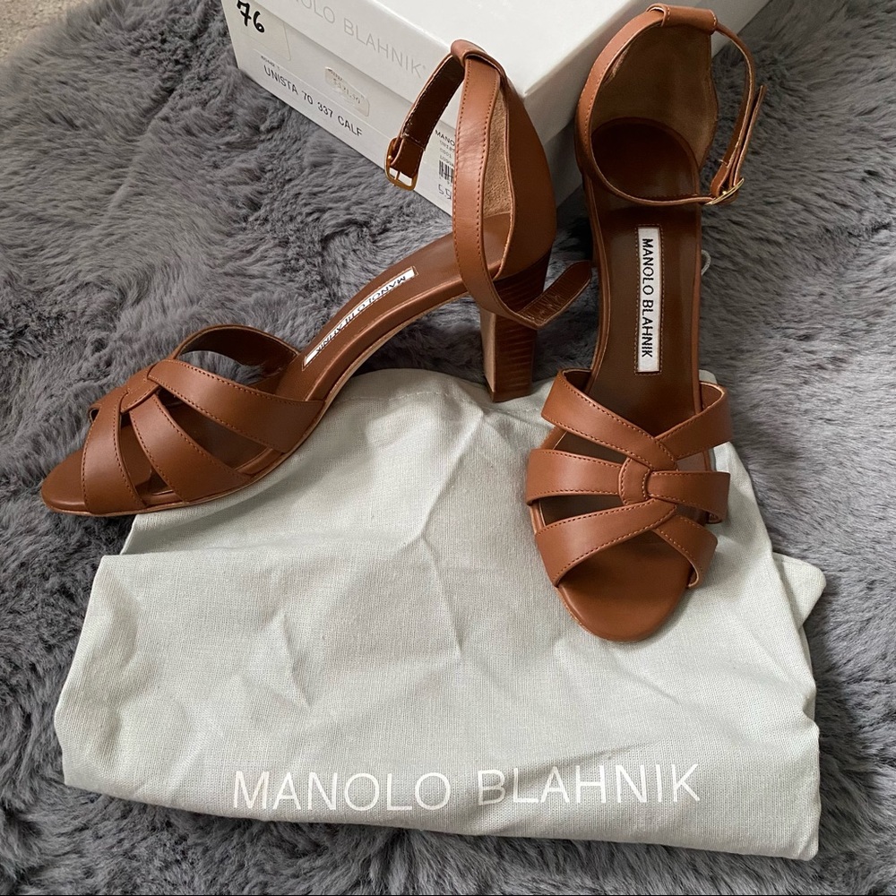 New Manolo Blahnik Unista brown leather heeled sandals 36.5
